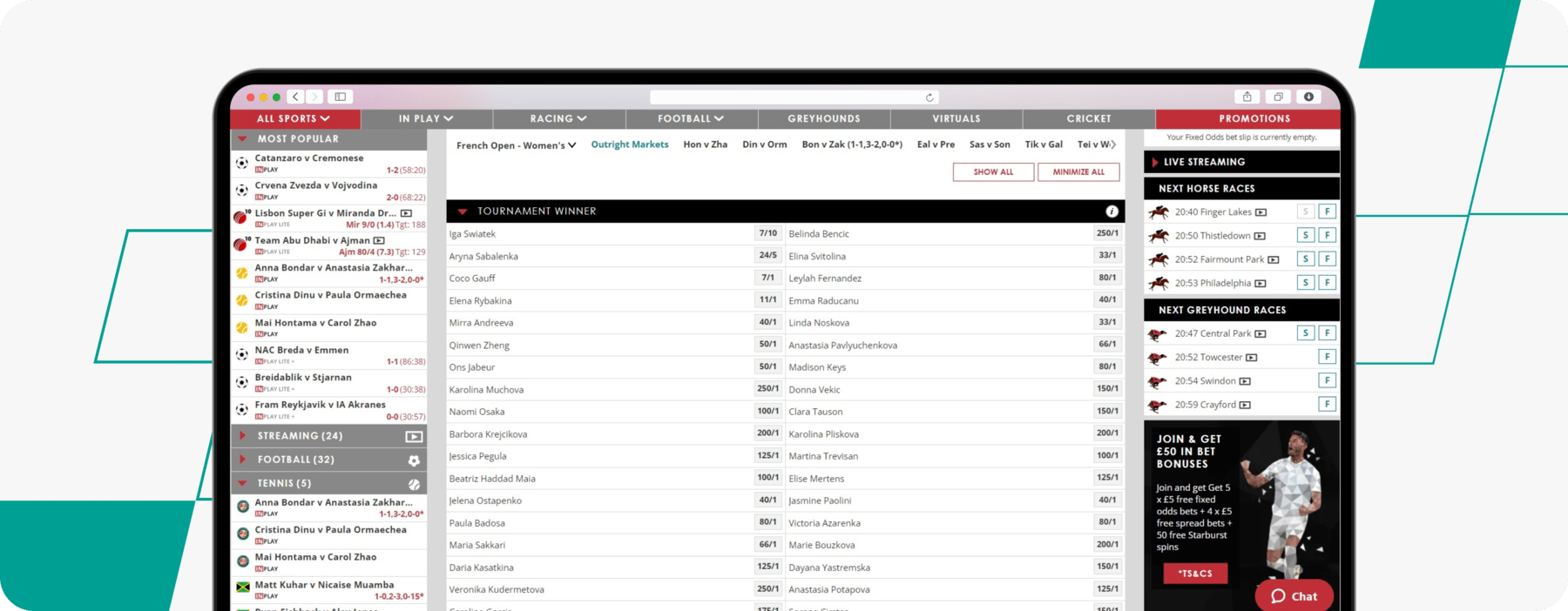 Screenshot of spreadex tennis french open betting desktop