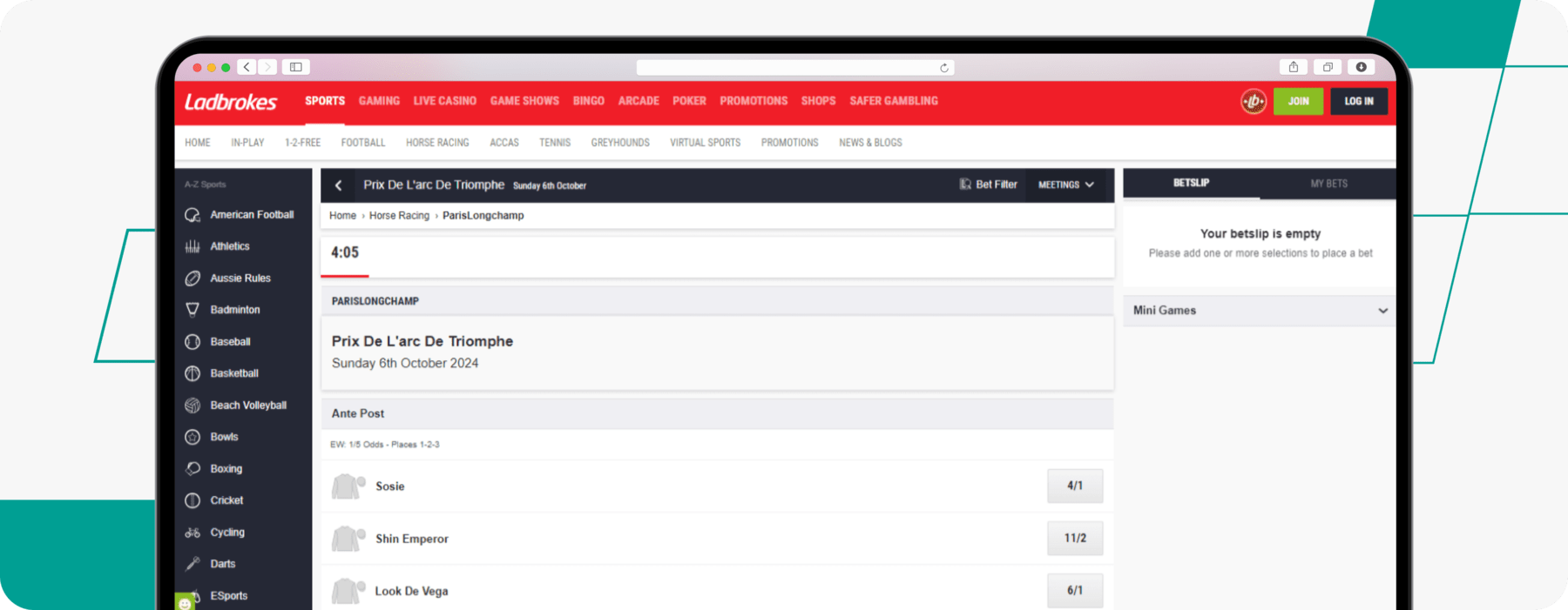 Screenshot of Ladbrokes Prix de l'Arc de Triomphe Markets desktop