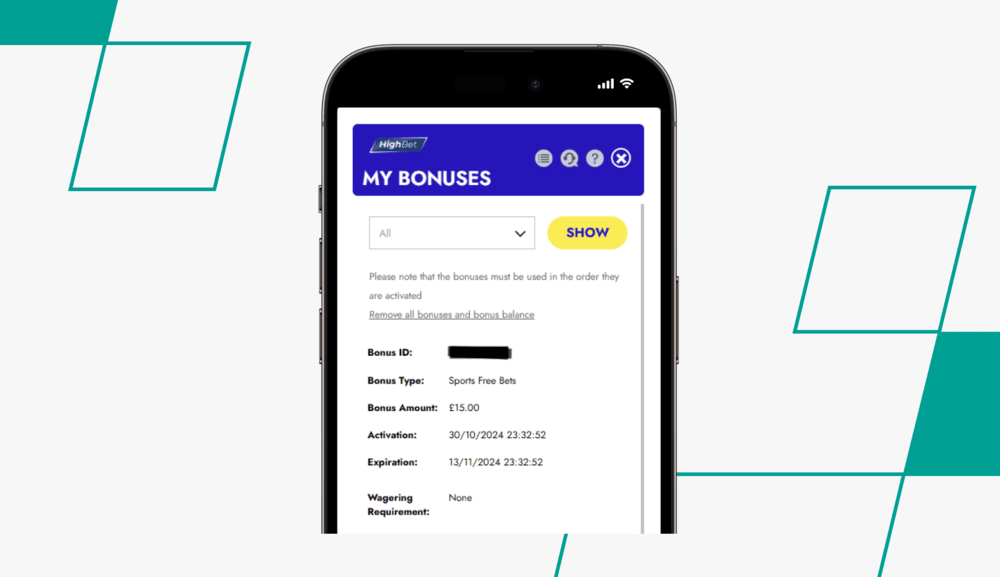 screenshot of highbet my bonuses page
