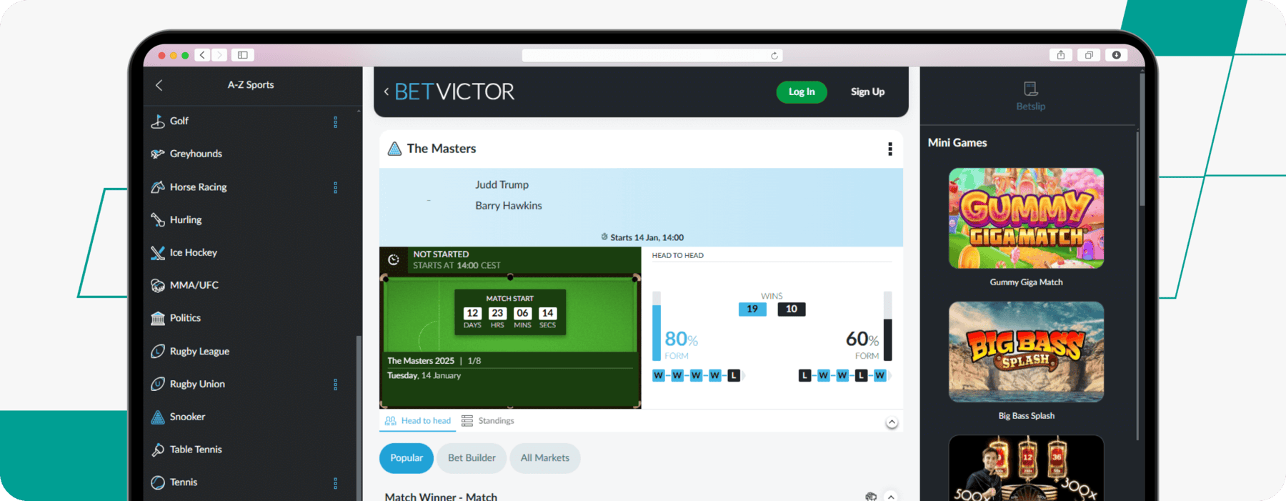 screenshot of betvictor's german masters snooker odds